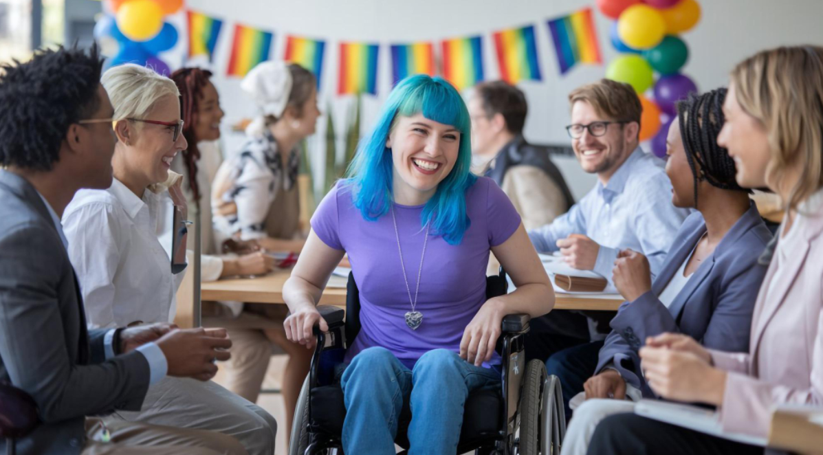 A smiling wheelchair user enjoying a community gathering with friends
